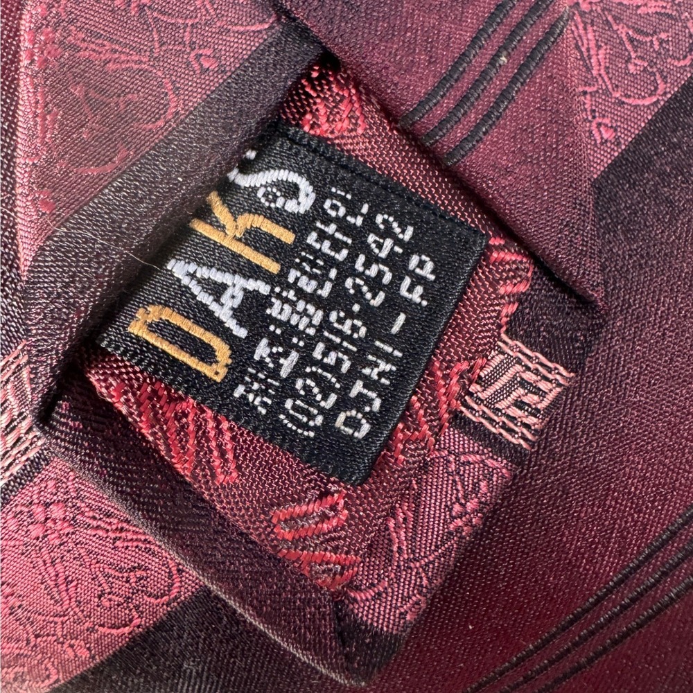 Daks London Mens Silk Necktie Burgundy Plum Striped Greek Key Damask Pattern - Picture 5 of 6